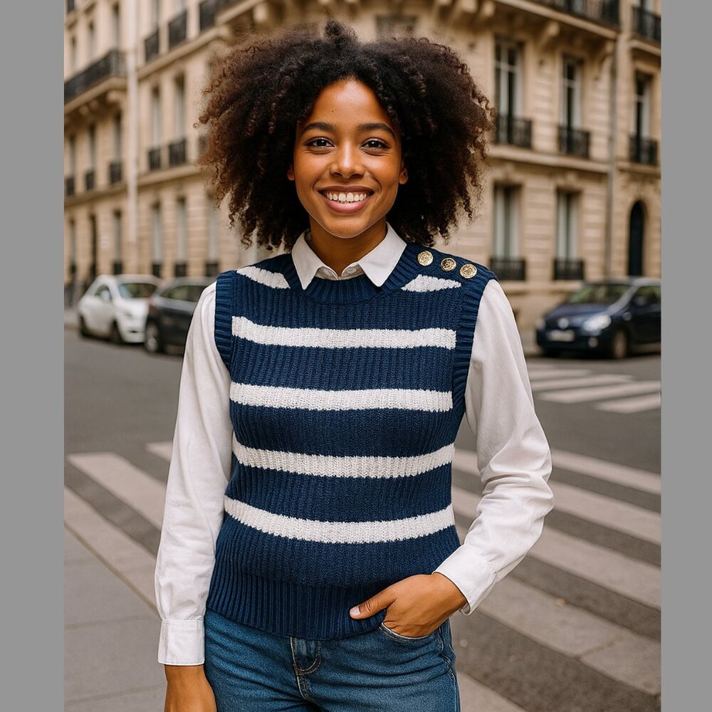 NEW Primark Navy Striped Knit Sweater Vest Blouse Gold Button Shoulder Detail XS